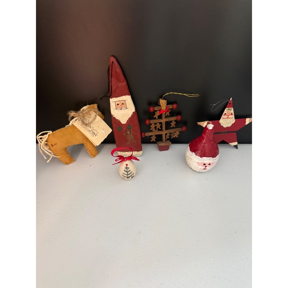 Vintage Primitive Christmas Ornament Lot 6pc Rustic Folk Art Santa Horse Decor